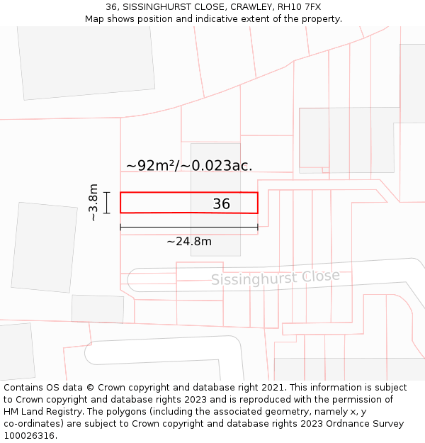 36, SISSINGHURST CLOSE, CRAWLEY, RH10 7FX: Plot and title map
