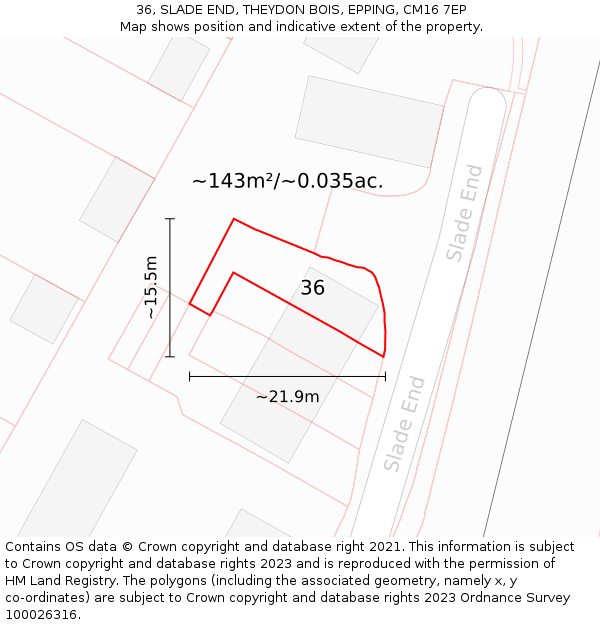 36, SLADE END, THEYDON BOIS, EPPING, CM16 7EP: Plot and title map