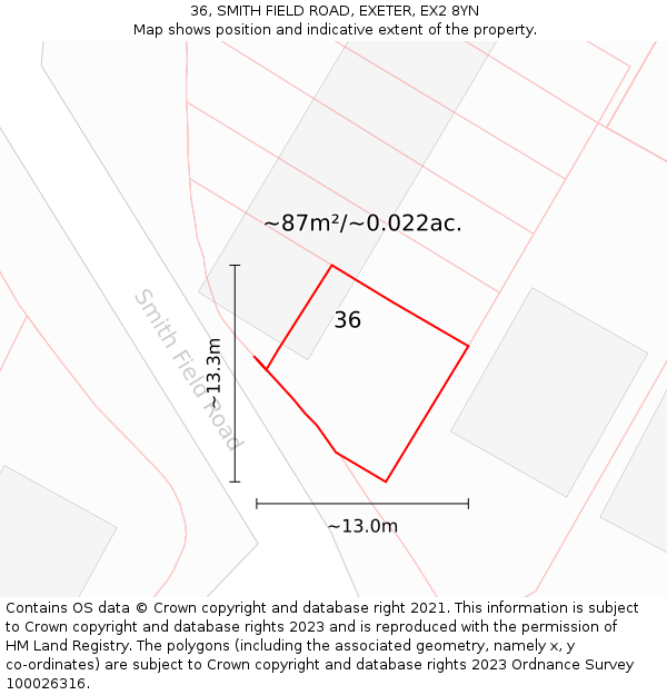 36, SMITH FIELD ROAD, EXETER, EX2 8YN: Plot and title map