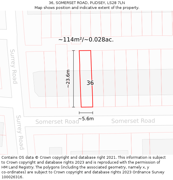 36, SOMERSET ROAD, PUDSEY, LS28 7LN: Plot and title map