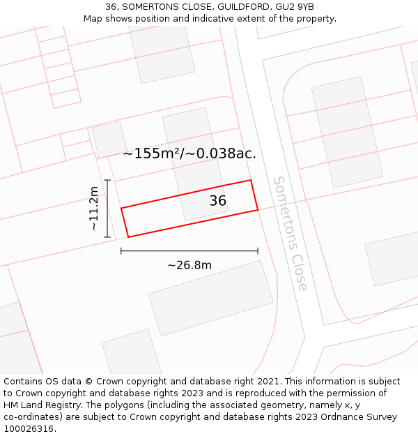 36, SOMERTONS CLOSE, GUILDFORD, GU2 9YB: Plot and title map