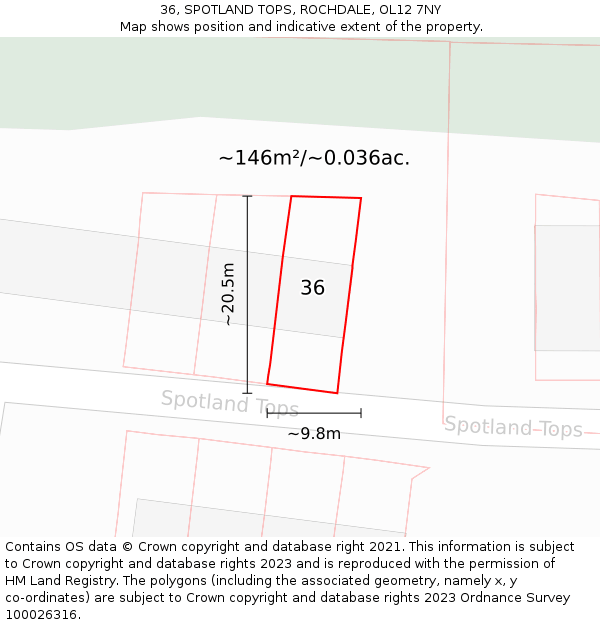 36, SPOTLAND TOPS, ROCHDALE, OL12 7NY: Plot and title map
