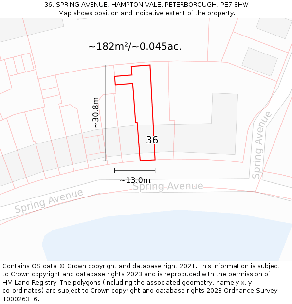 36, SPRING AVENUE, HAMPTON VALE, PETERBOROUGH, PE7 8HW: Plot and title map