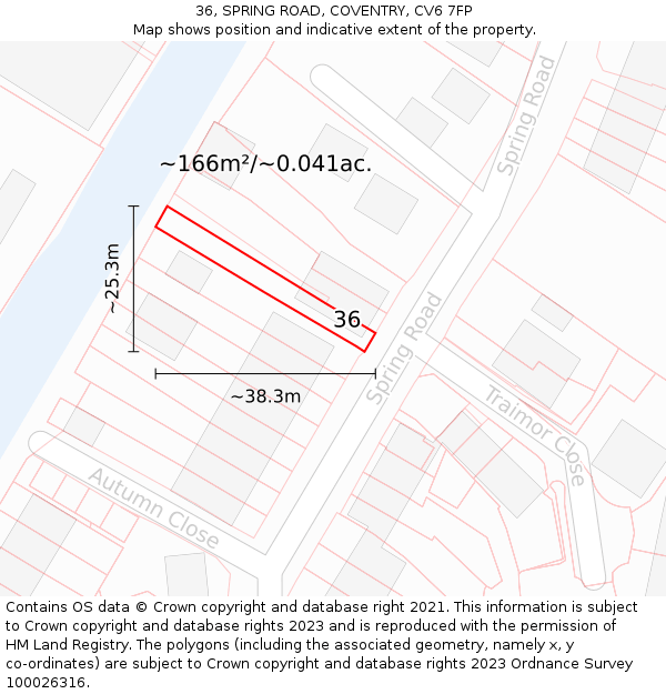 36, SPRING ROAD, COVENTRY, CV6 7FP: Plot and title map