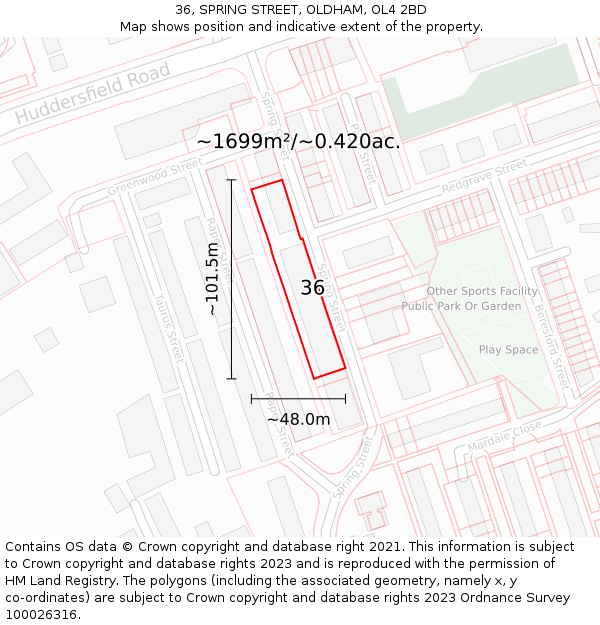 36, SPRING STREET, OLDHAM, OL4 2BD: Plot and title map