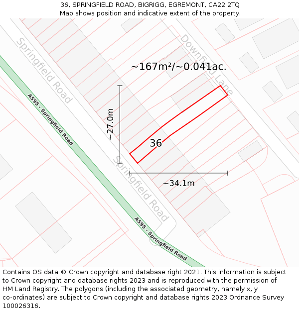 36, SPRINGFIELD ROAD, BIGRIGG, EGREMONT, CA22 2TQ: Plot and title map