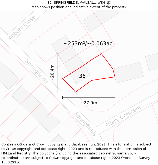 36, SPRINGFIELDS, WALSALL, WS4 1JX: Plot and title map