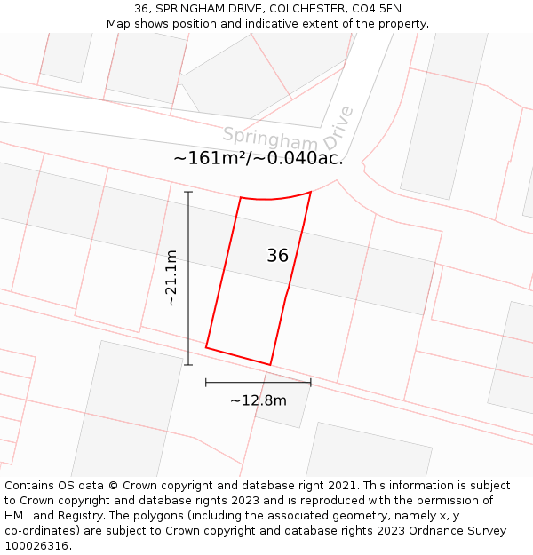 36, SPRINGHAM DRIVE, COLCHESTER, CO4 5FN: Plot and title map