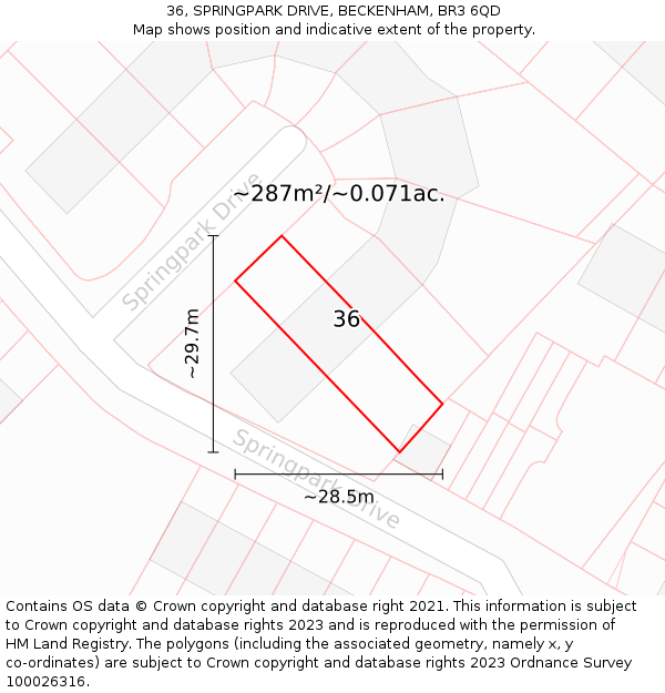 36, SPRINGPARK DRIVE, BECKENHAM, BR3 6QD: Plot and title map