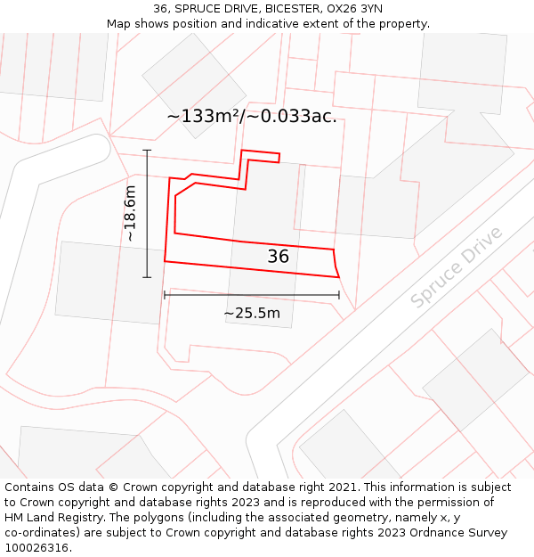 36, SPRUCE DRIVE, BICESTER, OX26 3YN: Plot and title map
