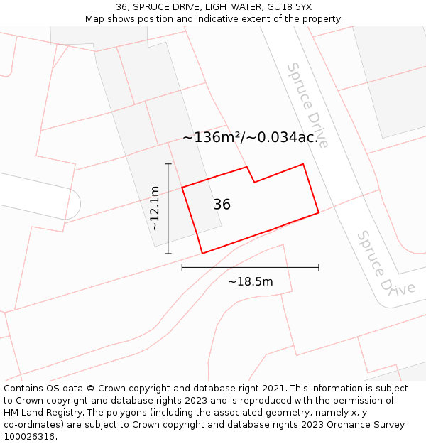 36, SPRUCE DRIVE, LIGHTWATER, GU18 5YX: Plot and title map