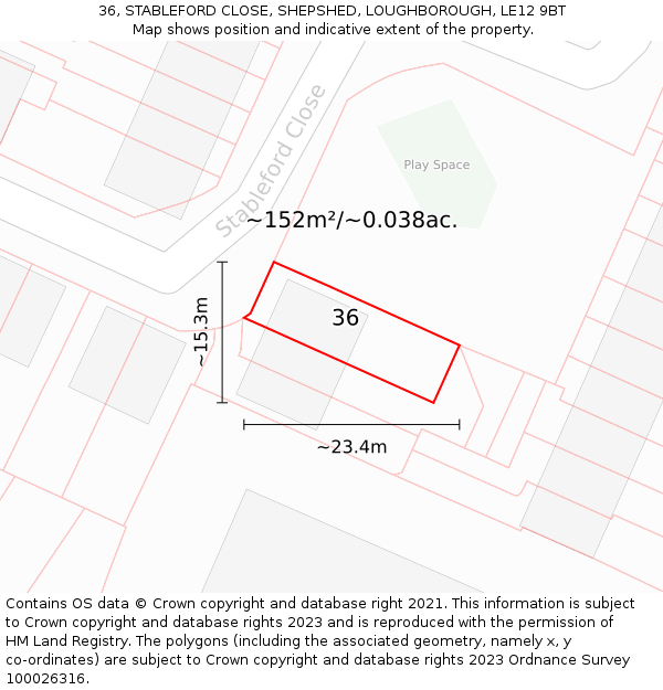 36, STABLEFORD CLOSE, SHEPSHED, LOUGHBOROUGH, LE12 9BT: Plot and title map
