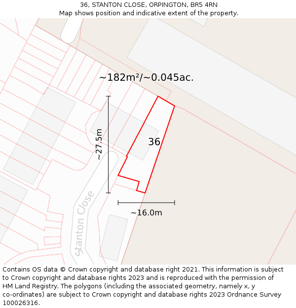 36, STANTON CLOSE, ORPINGTON, BR5 4RN: Plot and title map