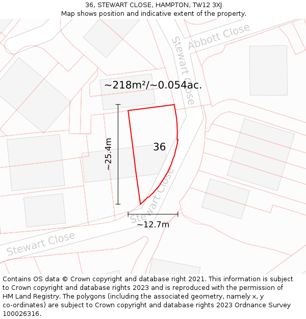 36, STEWART CLOSE, HAMPTON, TW12 3XJ: Plot and title map