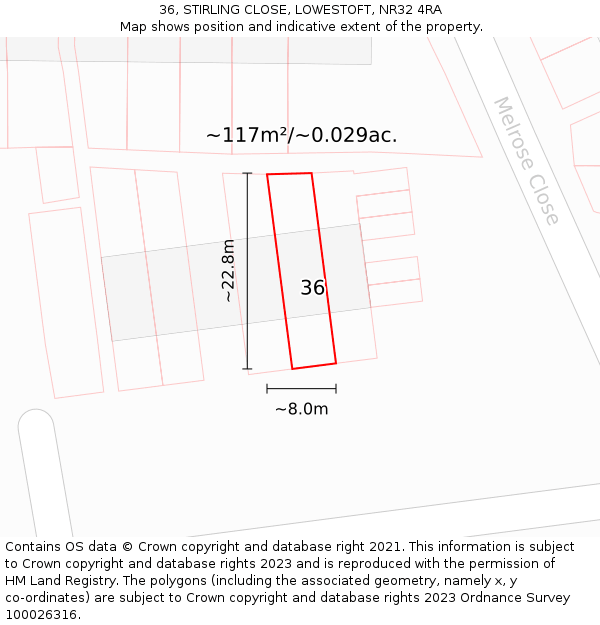 36, STIRLING CLOSE, LOWESTOFT, NR32 4RA: Plot and title map