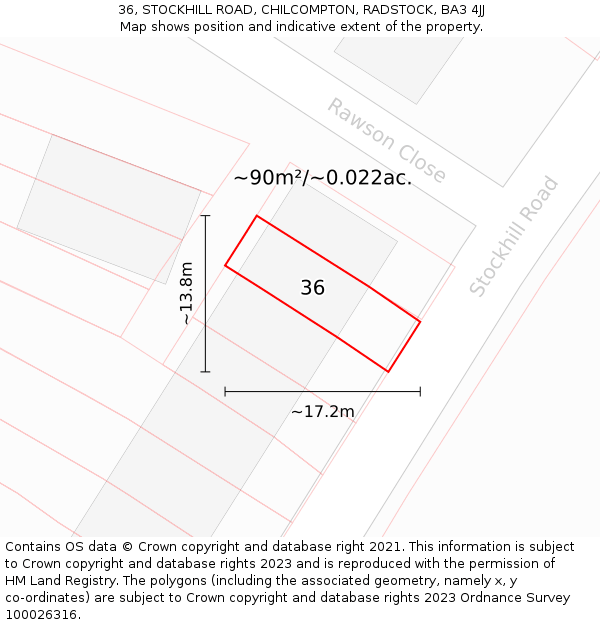 36, STOCKHILL ROAD, CHILCOMPTON, RADSTOCK, BA3 4JJ: Plot and title map