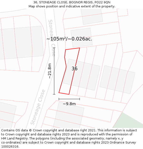 36, STONEAGE CLOSE, BOGNOR REGIS, PO22 9QN: Plot and title map