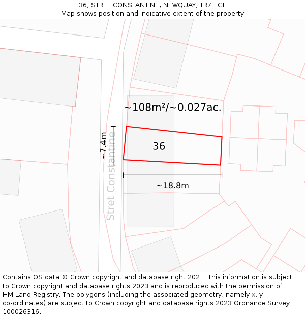 36, STRET CONSTANTINE, NEWQUAY, TR7 1GH: Plot and title map