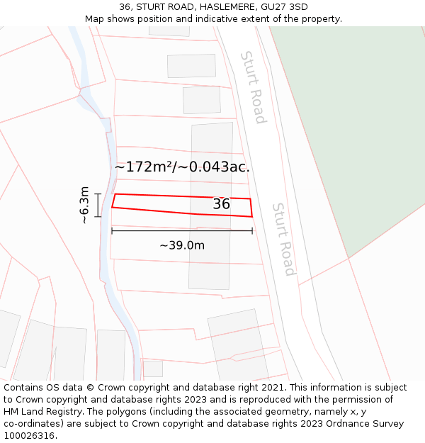 36, STURT ROAD, HASLEMERE, GU27 3SD: Plot and title map