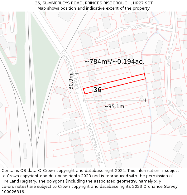 36, SUMMERLEYS ROAD, PRINCES RISBOROUGH, HP27 9DT: Plot and title map