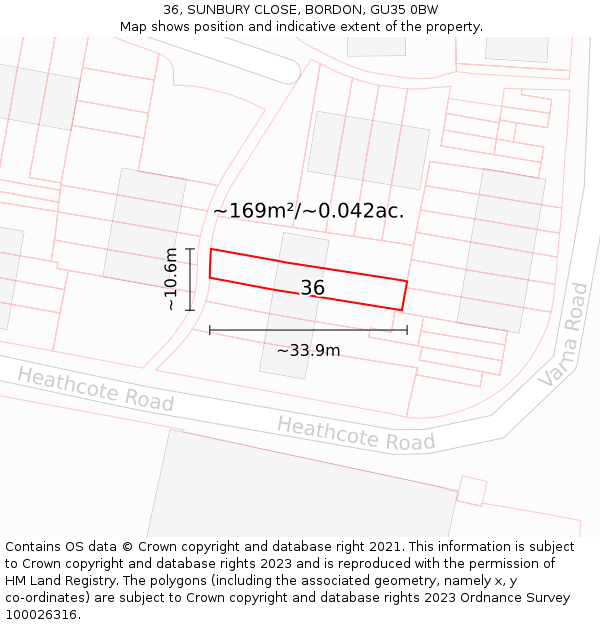 36, SUNBURY CLOSE, BORDON, GU35 0BW: Plot and title map