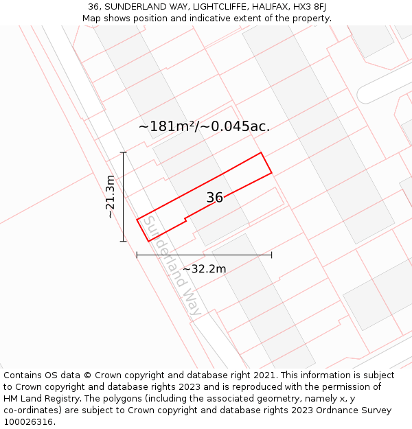 36, SUNDERLAND WAY, LIGHTCLIFFE, HALIFAX, HX3 8FJ: Plot and title map