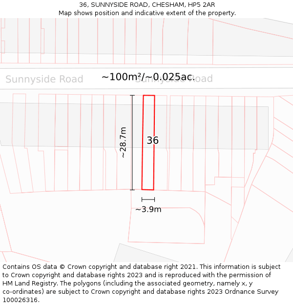 36, SUNNYSIDE ROAD, CHESHAM, HP5 2AR: Plot and title map
