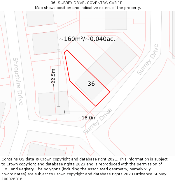 36, SURREY DRIVE, COVENTRY, CV3 1PL: Plot and title map