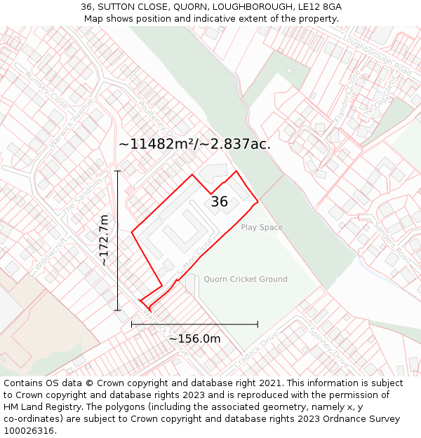 36, SUTTON CLOSE, QUORN, LOUGHBOROUGH, LE12 8GA: Plot and title map