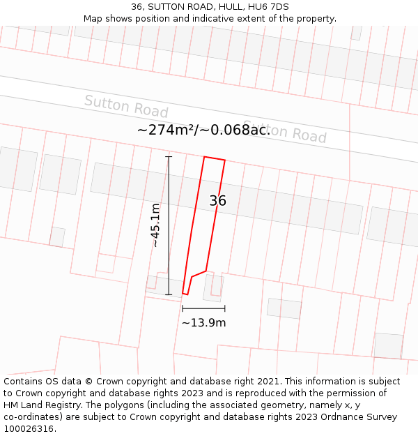 36, SUTTON ROAD, HULL, HU6 7DS: Plot and title map