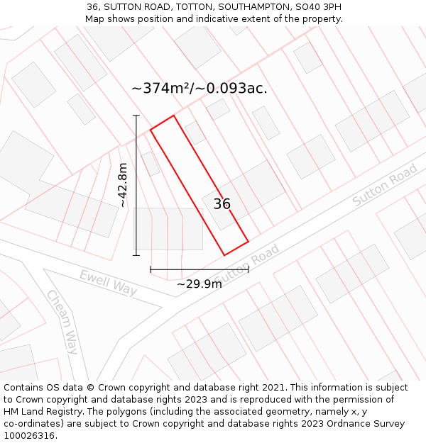 36, SUTTON ROAD, TOTTON, SOUTHAMPTON, SO40 3PH: Plot and title map