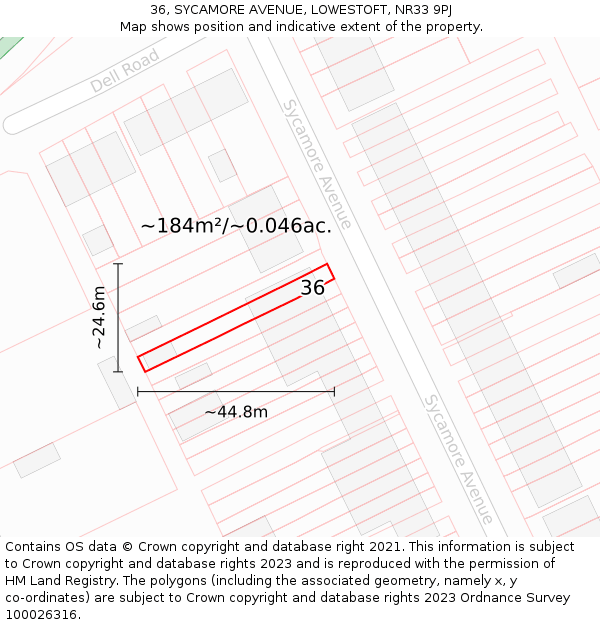 36, SYCAMORE AVENUE, LOWESTOFT, NR33 9PJ: Plot and title map