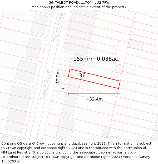 36, TALBOT ROAD, LUTON, LU2 7RW: Plot and title map