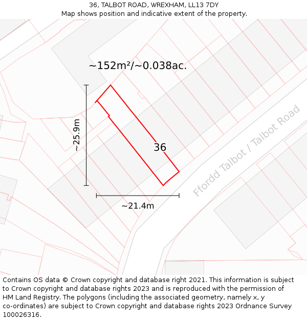 36, TALBOT ROAD, WREXHAM, LL13 7DY: Plot and title map