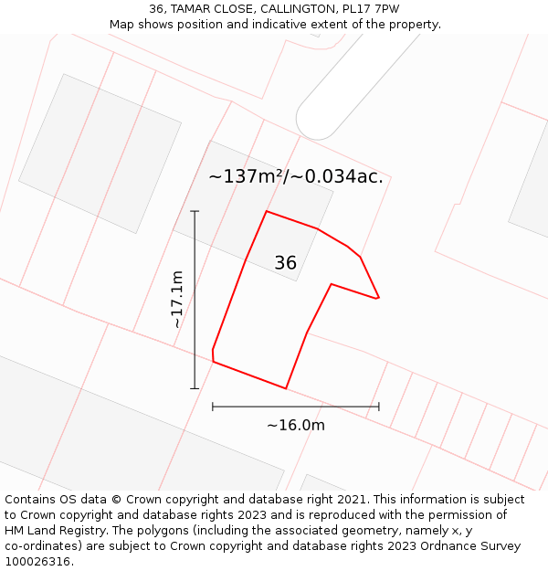 36, TAMAR CLOSE, CALLINGTON, PL17 7PW: Plot and title map
