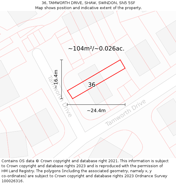 36, TAMWORTH DRIVE, SHAW, SWINDON, SN5 5SF: Plot and title map