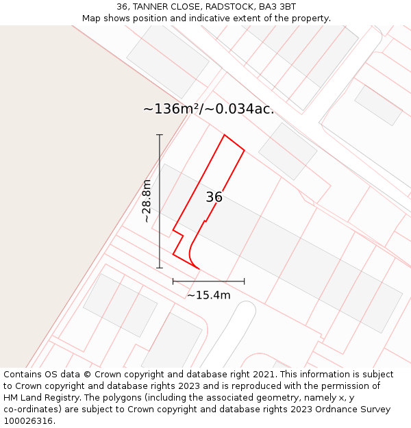 36, TANNER CLOSE, RADSTOCK, BA3 3BT: Plot and title map