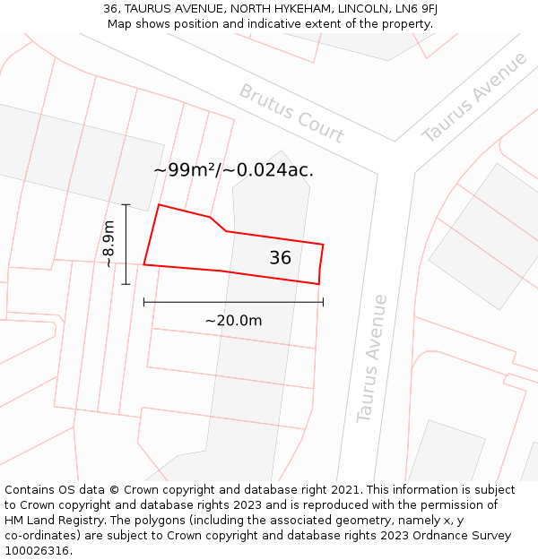 36, TAURUS AVENUE, NORTH HYKEHAM, LINCOLN, LN6 9FJ: Plot and title map