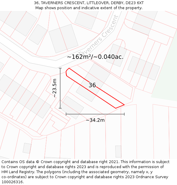 36, TAVERNERS CRESCENT, LITTLEOVER, DERBY, DE23 6XT: Plot and title map