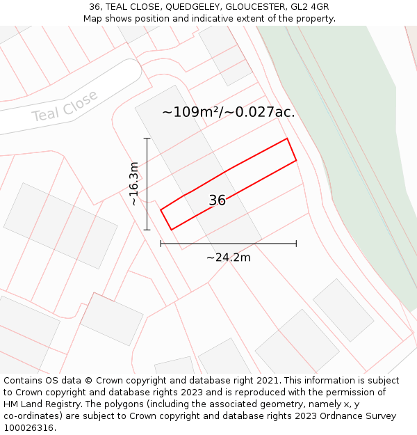 36, TEAL CLOSE, QUEDGELEY, GLOUCESTER, GL2 4GR: Plot and title map
