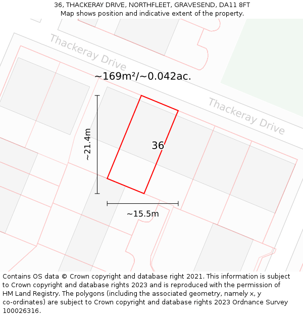 36, THACKERAY DRIVE, NORTHFLEET, GRAVESEND, DA11 8FT: Plot and title map