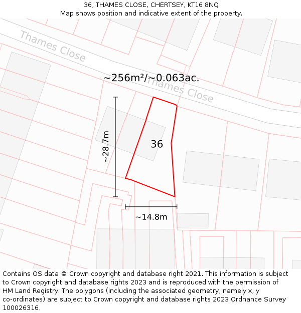 36, THAMES CLOSE, CHERTSEY, KT16 8NQ: Plot and title map
