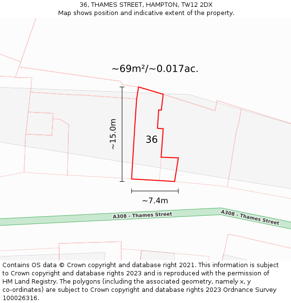 36, THAMES STREET, HAMPTON, TW12 2DX: Plot and title map