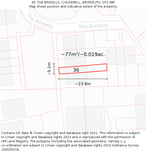 36, THE BINDELLS, CHICKERELL, WEYMOUTH, DT3 4BF: Plot and title map