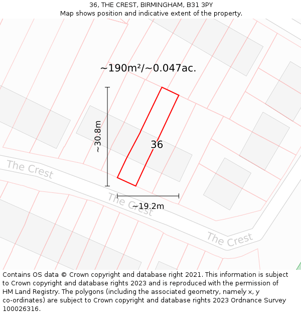 36, THE CREST, BIRMINGHAM, B31 3PY: Plot and title map