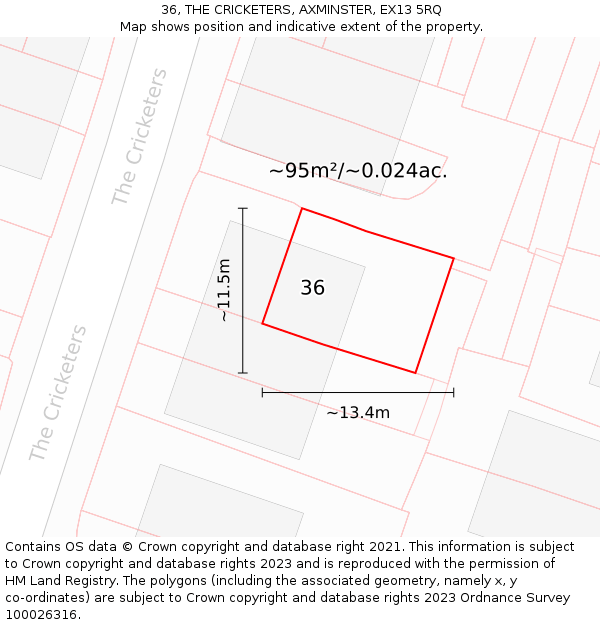 36, THE CRICKETERS, AXMINSTER, EX13 5RQ: Plot and title map