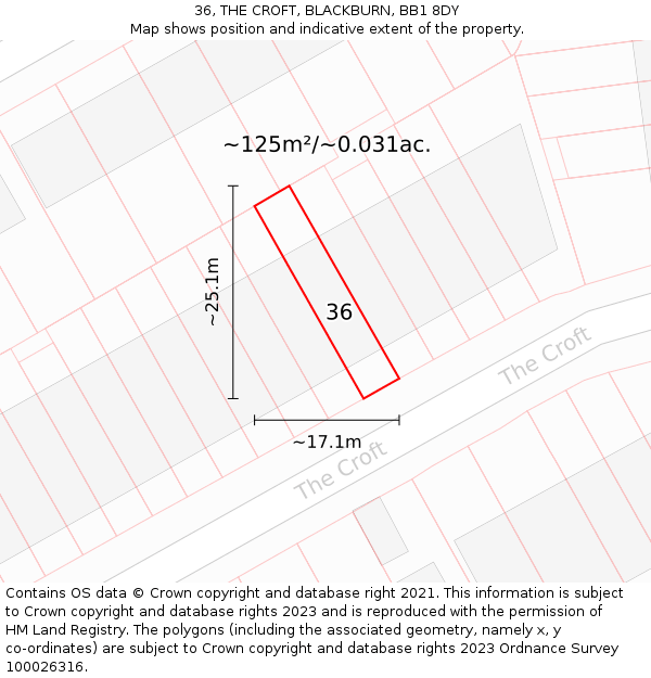 36, THE CROFT, BLACKBURN, BB1 8DY: Plot and title map