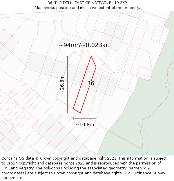 36, THE DELL, EAST GRINSTEAD, RH19 3XP: Plot and title map