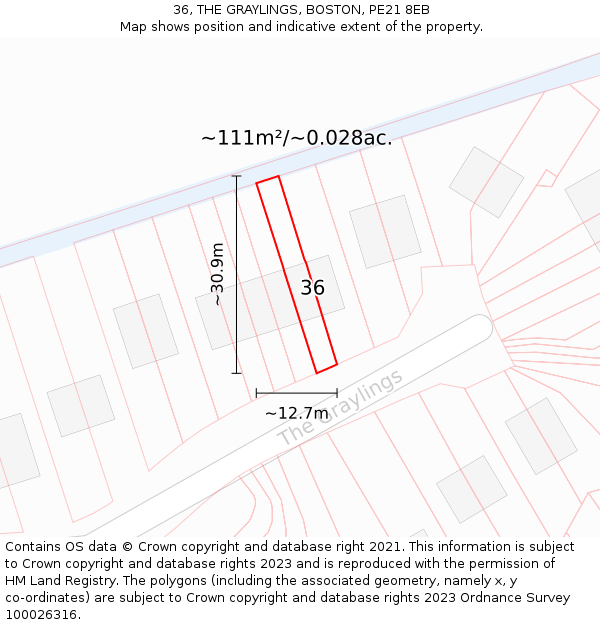 36, THE GRAYLINGS, BOSTON, PE21 8EB: Plot and title map