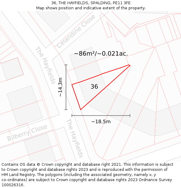 36, THE HAYFIELDS, SPALDING, PE11 3FE: Plot and title map